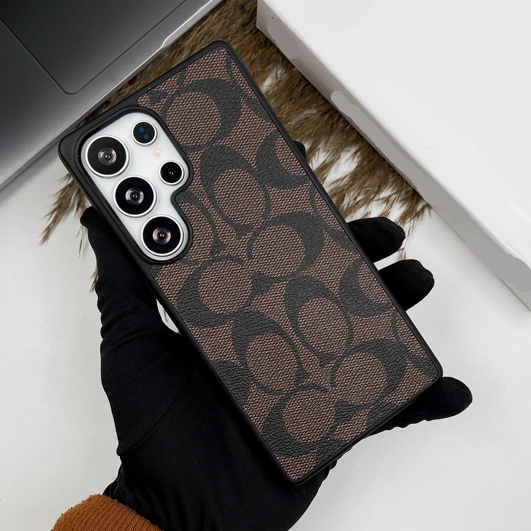 Samsung Galaxy S26 Ultra CC Leather Case, Luxurious Monogram Pattern Leather Case - Brown