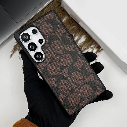 Samsung Galaxy S26 Ultra CC Leather Case, Luxurious Monogram Pattern Leather Case - Brown