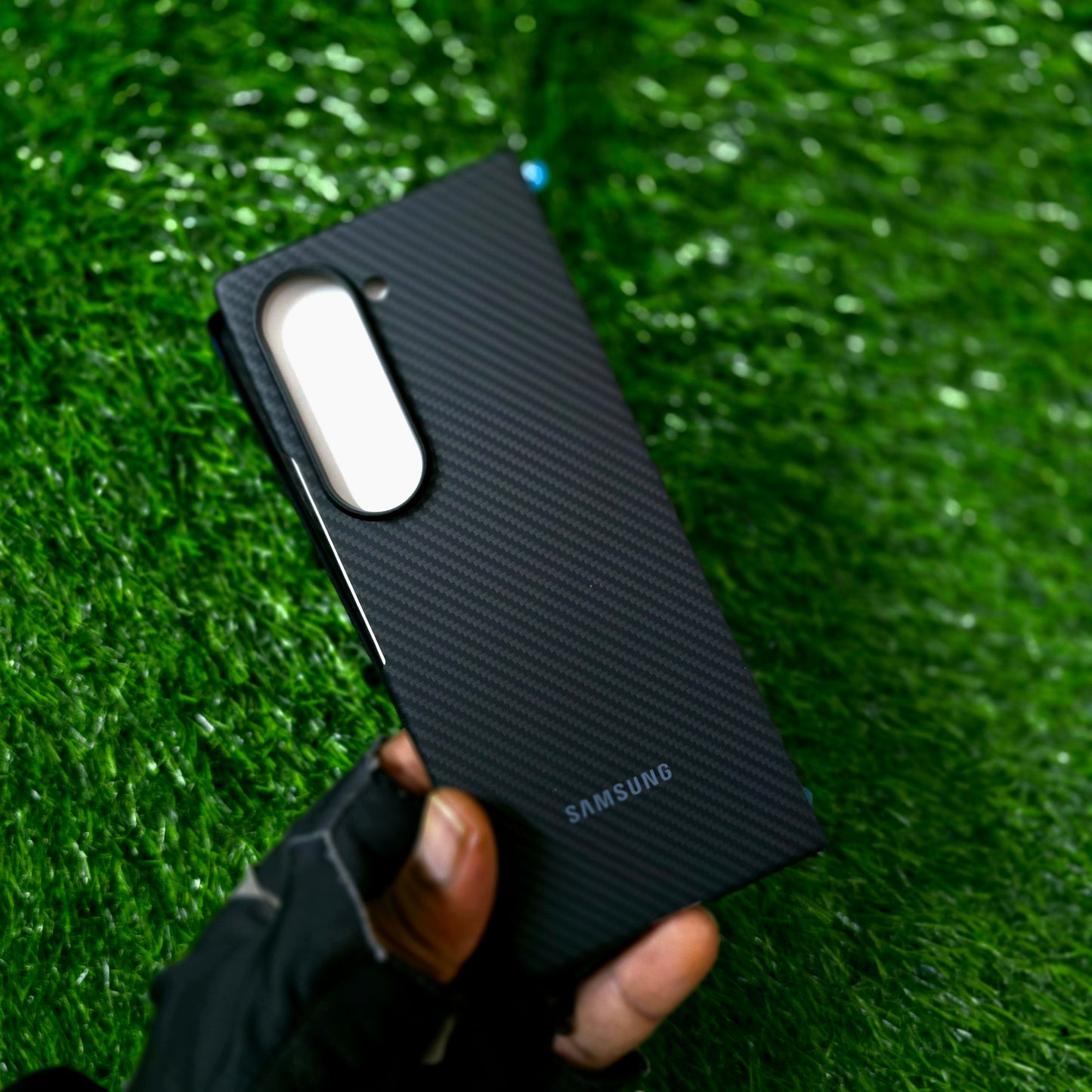Samsung Galaxy Z Fold6 Carbon Case, 0.6mm Ultra Thin Carbon Fiber 600D Case with Logo & Front Glass - Black