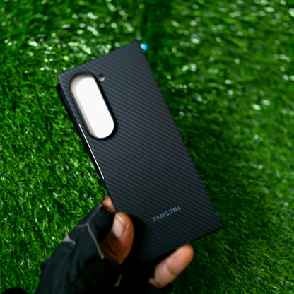 Samsung Galaxy Z Fold6 Carbon Case, 0.6mm Ultra Thin Carbon Fiber 600D Case with Logo & Front Glass - Black