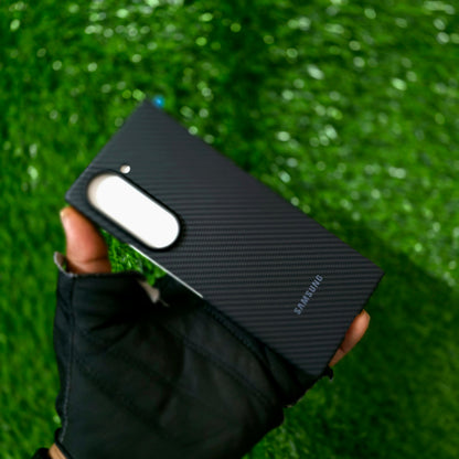 Samsung Galaxy Z Fold6 Carbon Case, 0.6mm Ultra Thin Carbon Fiber 600D Case with Logo & Front Glass - Black