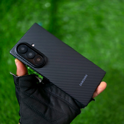 Samsung Galaxy Z Fold7 Carbon Case, 0.6mm Ultra Thin Carbon Fiber 600D Case with Logo & Front Glass - Black
