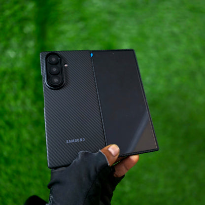 Samsung Galaxy Z Fold7 Carbon Case, 0.6mm Ultra Thin Carbon Fiber 600D Case with Logo & Front Glass - Black