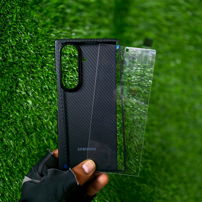 Samsung Galaxy Z Fold7 Carbon Case, 0.6mm Ultra Thin Carbon Fiber 600D Case with Logo & Front Glass - Black