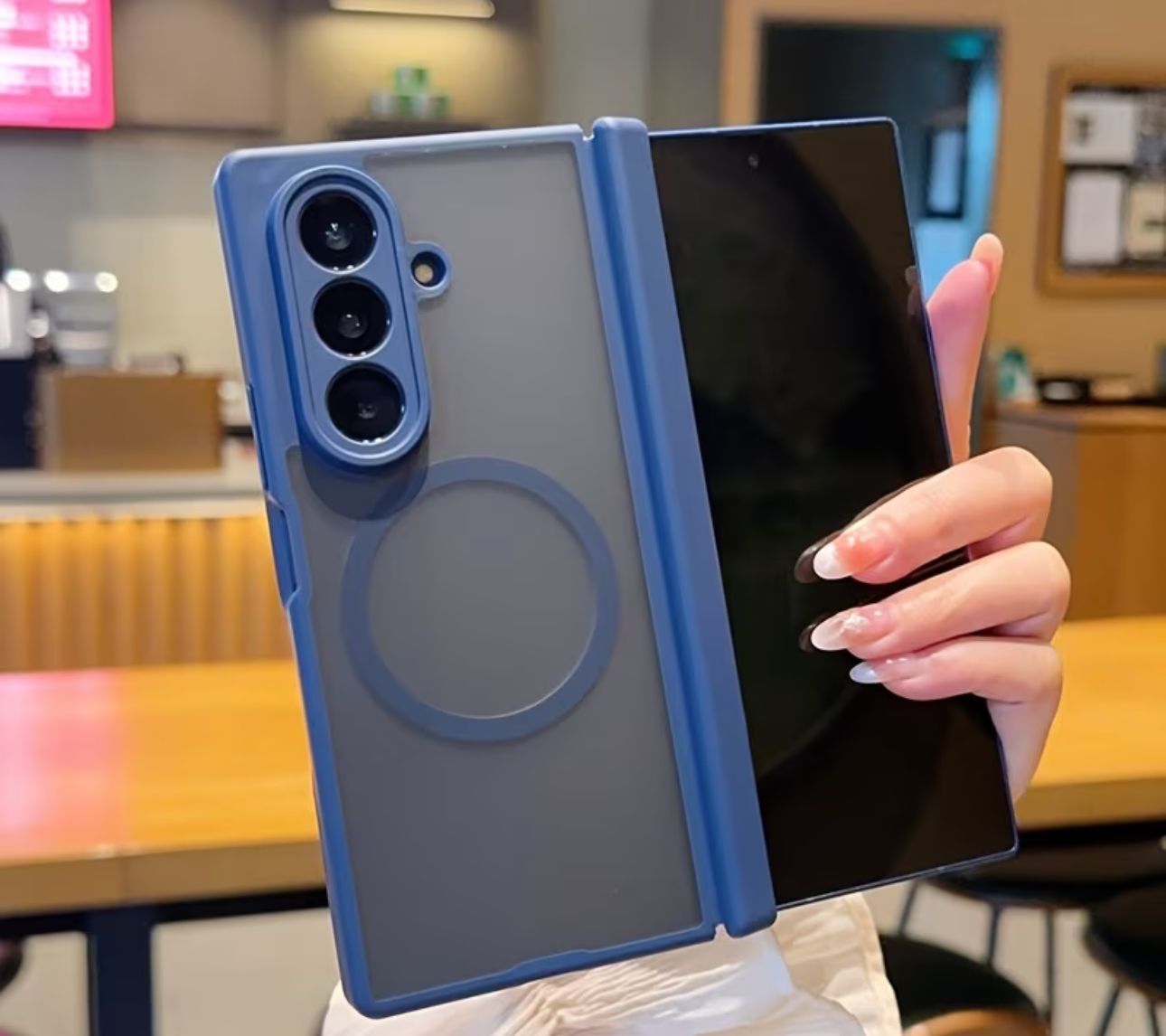 Samsung Galaxy Z Fold7 Skin Feel Matte Finish Semi Transparent Smoke with Dual Central Axis Case with Magsafe - Blue