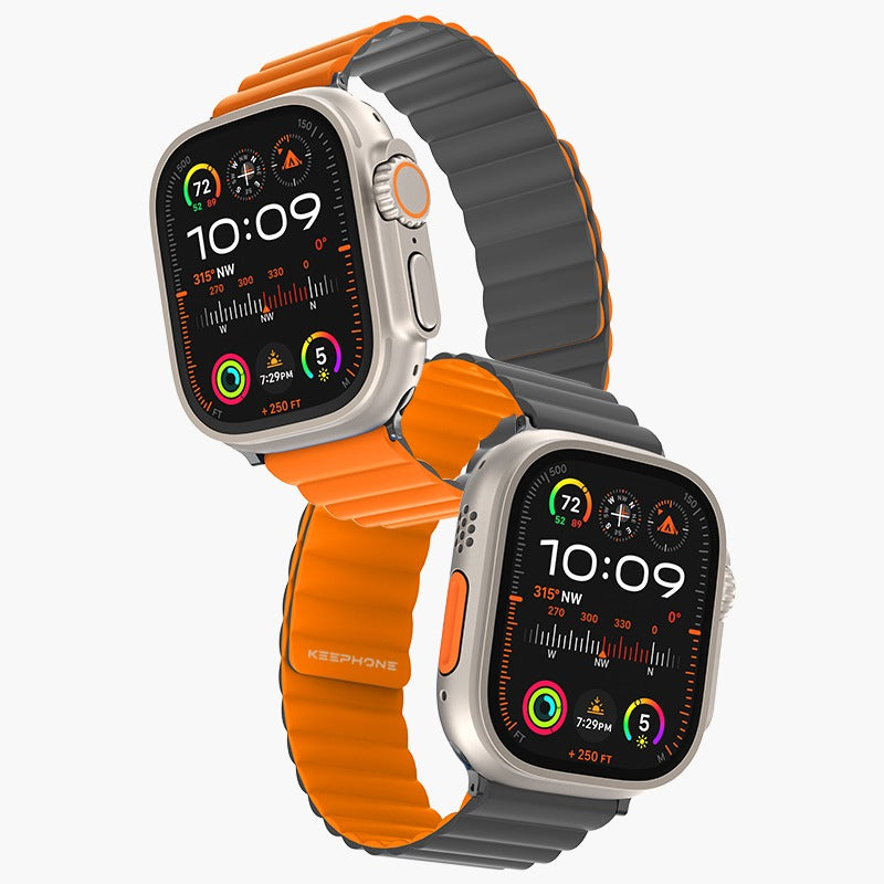 KEEPHONE Silicone Magnetic Snap Both Side Wearable for iWatch (42-44-45-49 MM) - Orange/Grey