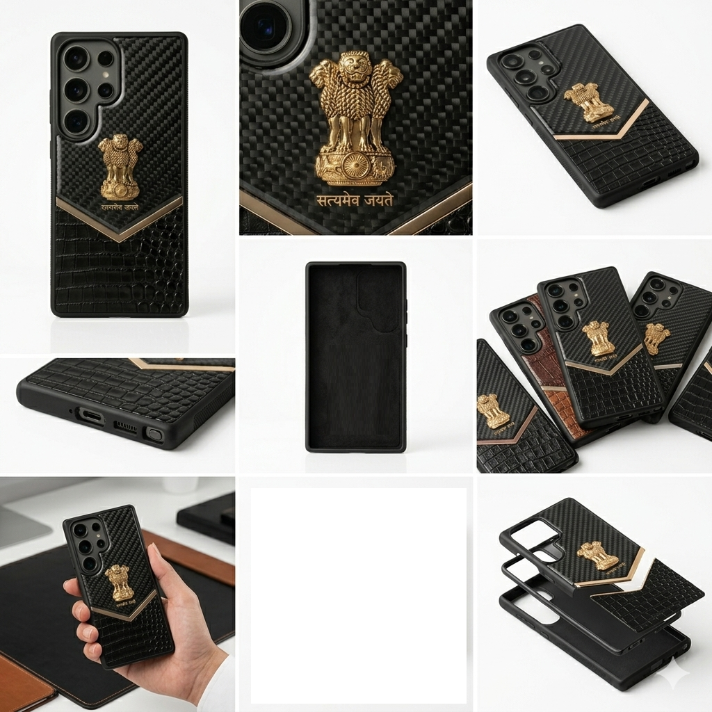 Samsung Galaxy S25 Ultra "Satyamev Jayate" Crock & Carbon Pattern Printed Logo Leather Case - Gold