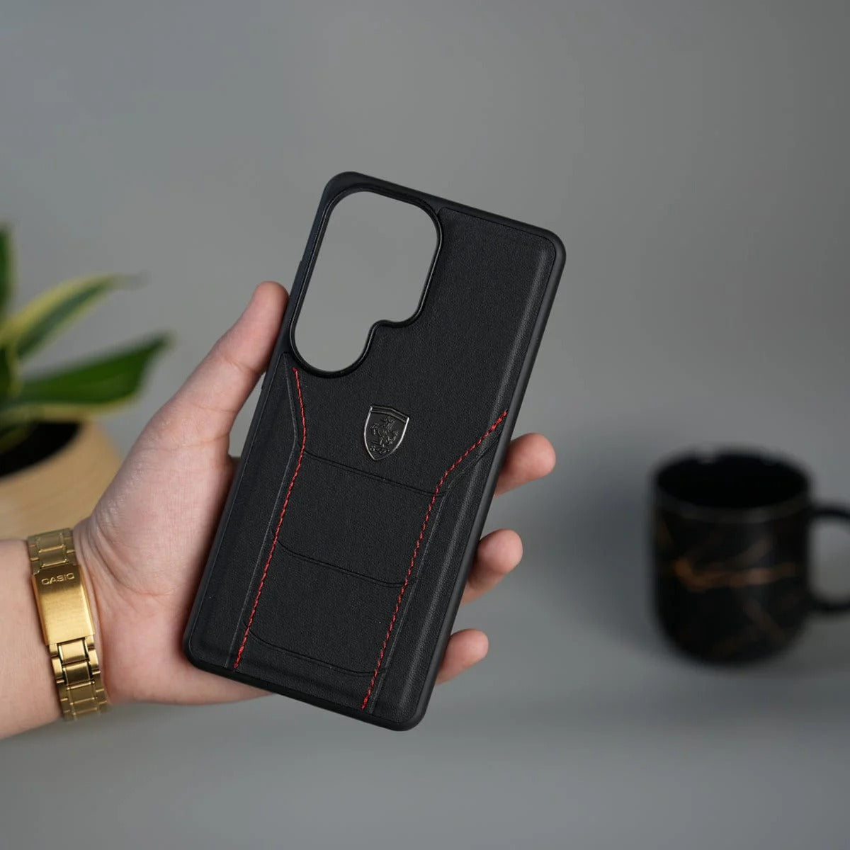 Samsung Galaxy S26 Ultra Ferrari Sports Car Heritage Leather Stitched Case - Black