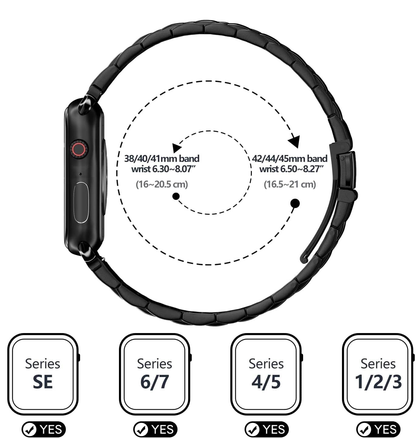 Sports Wrist Strap Stainless Steel Metal Band iWatch Strap for (42-44-45-46-49 MM) - Black