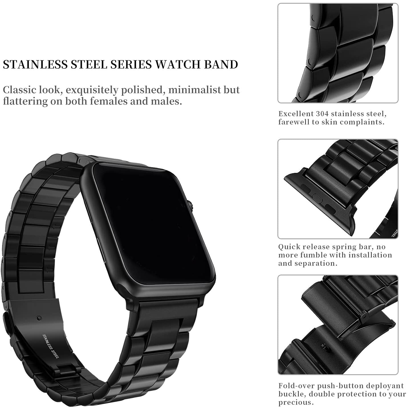 Sports Wrist Strap Stainless Steel Metal Band iWatch Strap for (42-44-45-46-49 MM) - Black