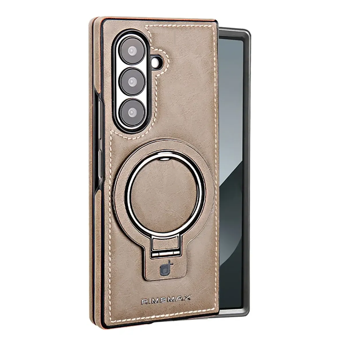 Samsung Galaxy Z Fold7 Leather Case, Genuine Leather Original "RIMBMAX" Cover with Magsafe & Kickstand - Titanium