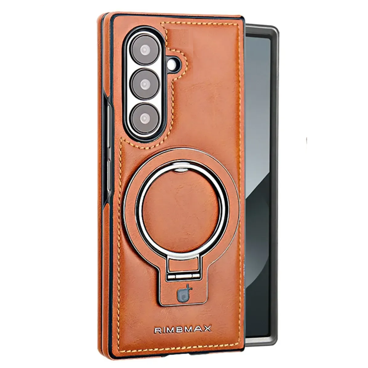 Samsung Galaxy Z Fold7 Leather Case, Genuine Leather Original "RIMBMAX" Cover with Magsafe & Kickstand - Brown