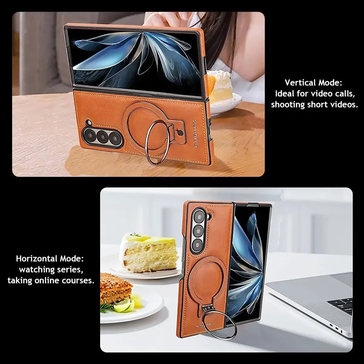Samsung Galaxy Z Fold7 Leather Case, Genuine Leather Original "RIMBMAX" Cover with Magsafe & Kickstand - Black