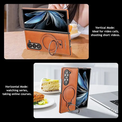 Samsung Galaxy Z Fold7 Leather Case, Genuine Leather Original "RIMBMAX" Cover with Magsafe & Kickstand - Black