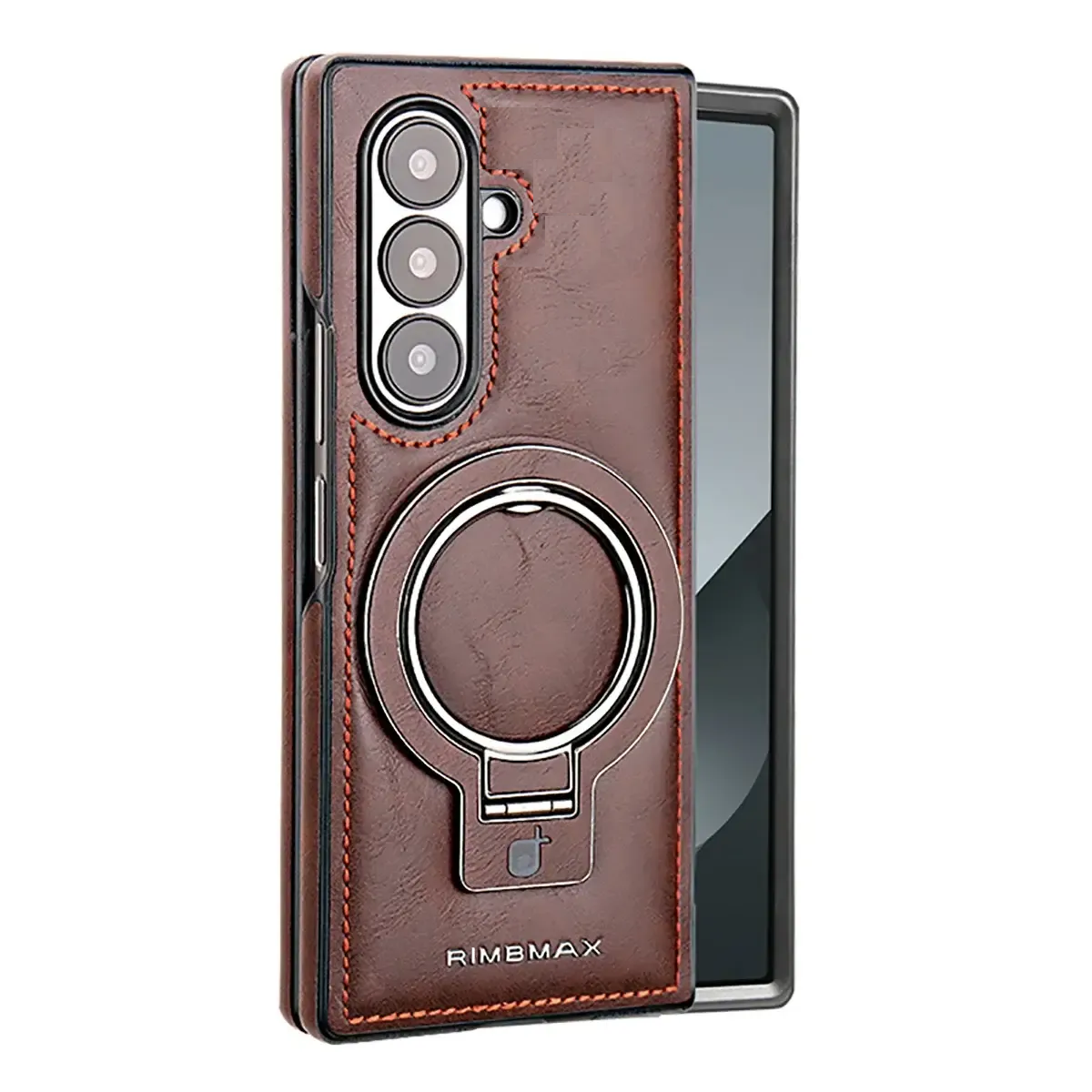 Samsung Galaxy Z Fold7 Leather Case, Genuine Leather Original "RIMBMAX" Cover with Magsafe & Kickstand - Wine