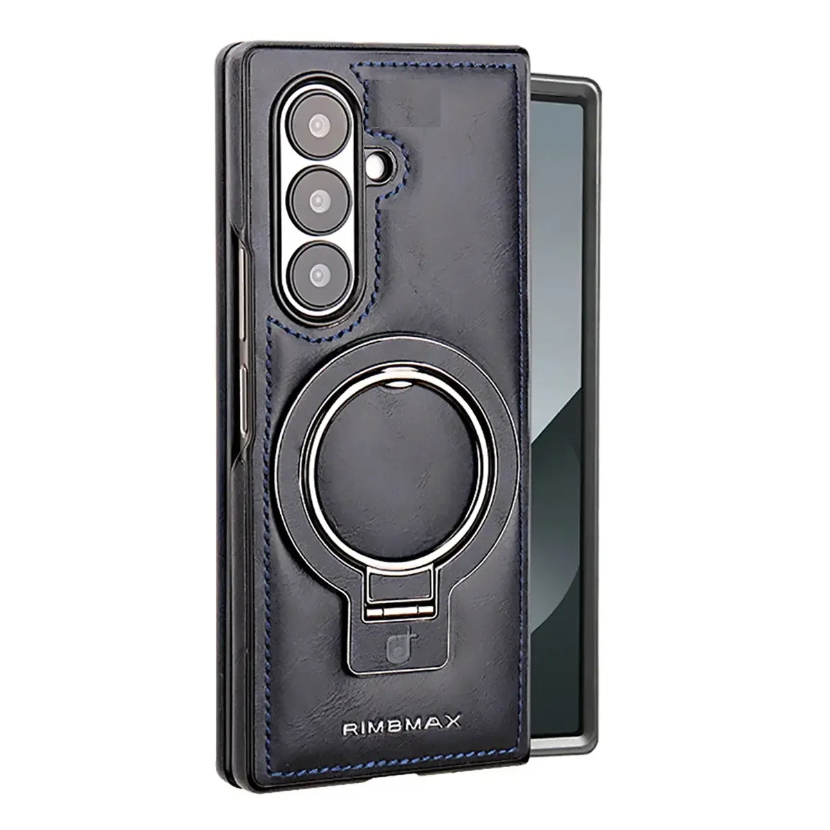 Samsung Galaxy Z Fold7 Leather Case, Genuine Leather Original "RIMBMAX" Cover with Magsafe & Kickstand - Blue