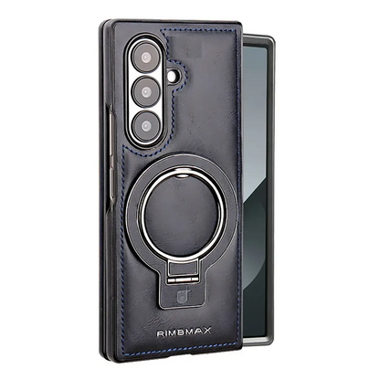 Samsung Galaxy Z Fold7 Leather Case, Genuine Leather Original "RIMBMAX" Cover with Magsafe & Kickstand - Blue