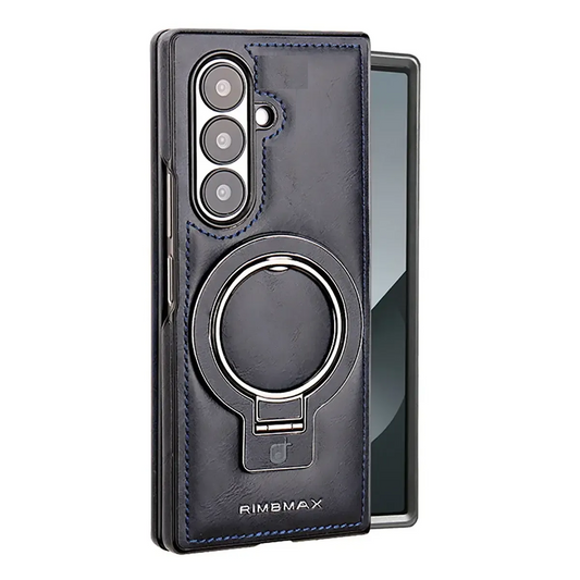 Samsung Galaxy Z Fold7 Leather Case, Genuine Leather Original "RIMBMAX" Cover with Magsafe & Kickstand - Blue