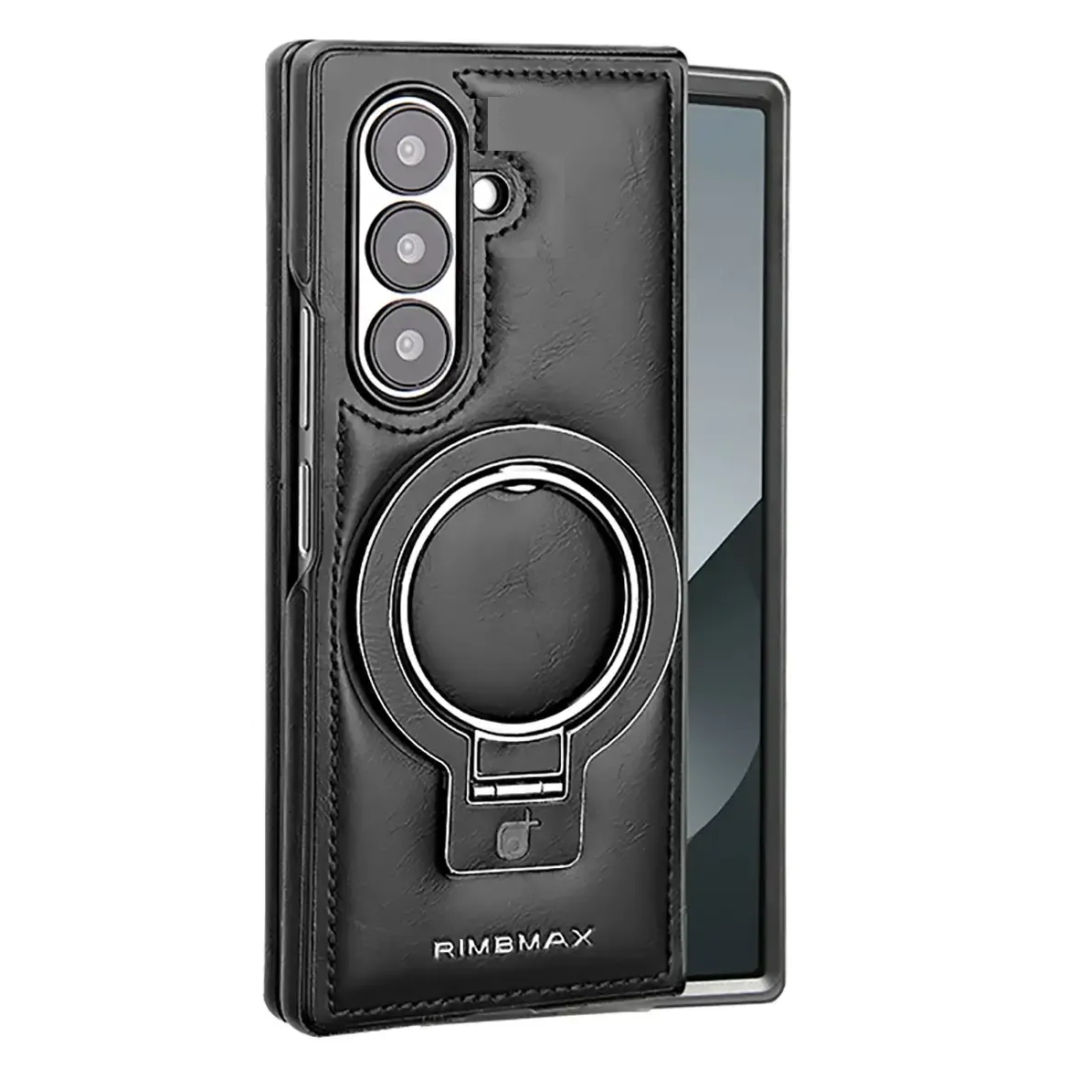 Samsung Galaxy Z Fold7 Leather Case, Genuine Leather Original "RIMBMAX" Cover with Magsafe & Kickstand - Black