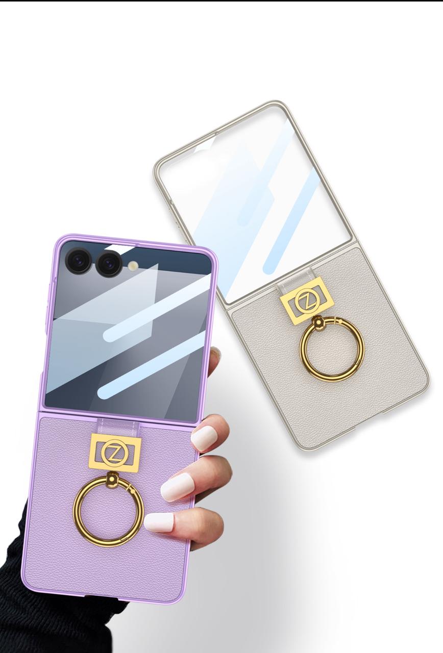 Samsung Galaxy Z Flip7 Leather Case with Z Shape Ring Holder Hard PC + Tempered Glass