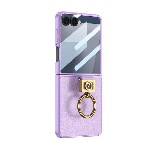 Samsung Galaxy Z Flip7 Leather Case with Z Shape Ring Holder Hard PC + Tempered Glass - Purple