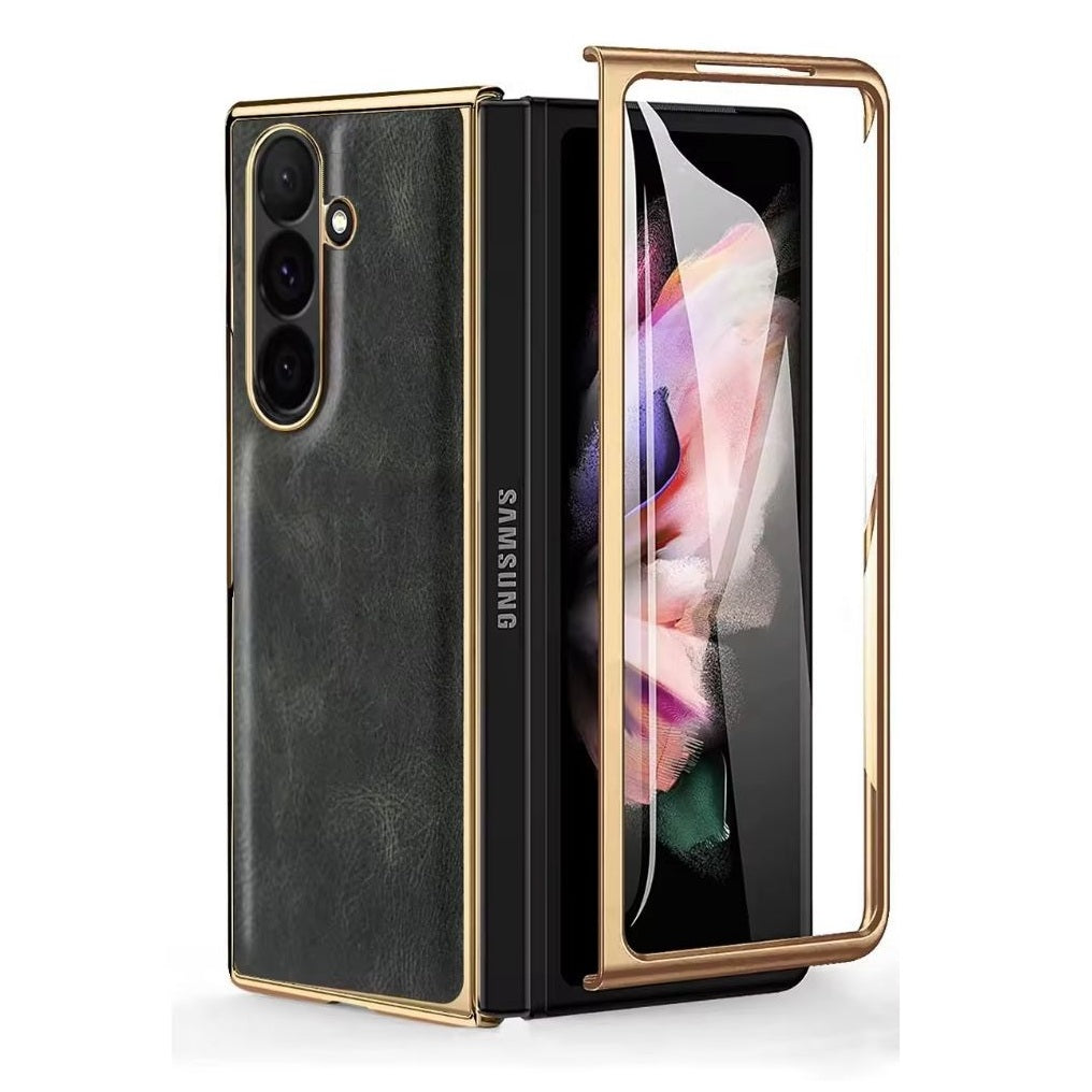 Samsung Galaxy Z Fold7 Luxurious Premium Gold Electroplated Leather Case with Front Glass - Geeen