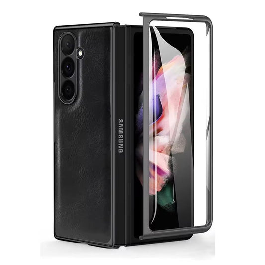 Samsung Galaxy Z Fold7 Luxurious Premium Gold Electroplated Leather Case with Front Glass - Black