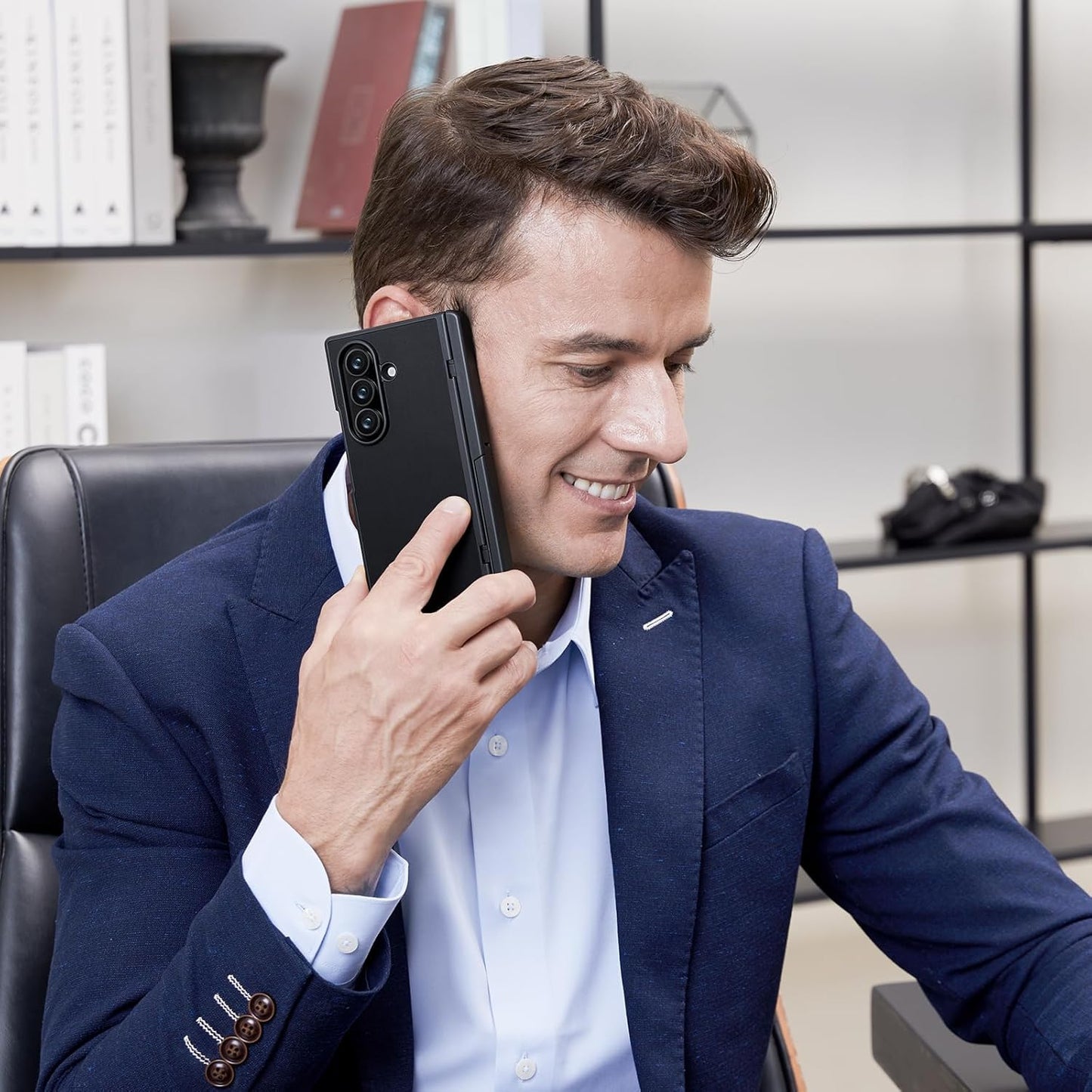 Samsung Galaxy Z Fold7 Memumi Leather Foldable Kickstand Hinge Protection Case Front Glass with Magsfae - Black