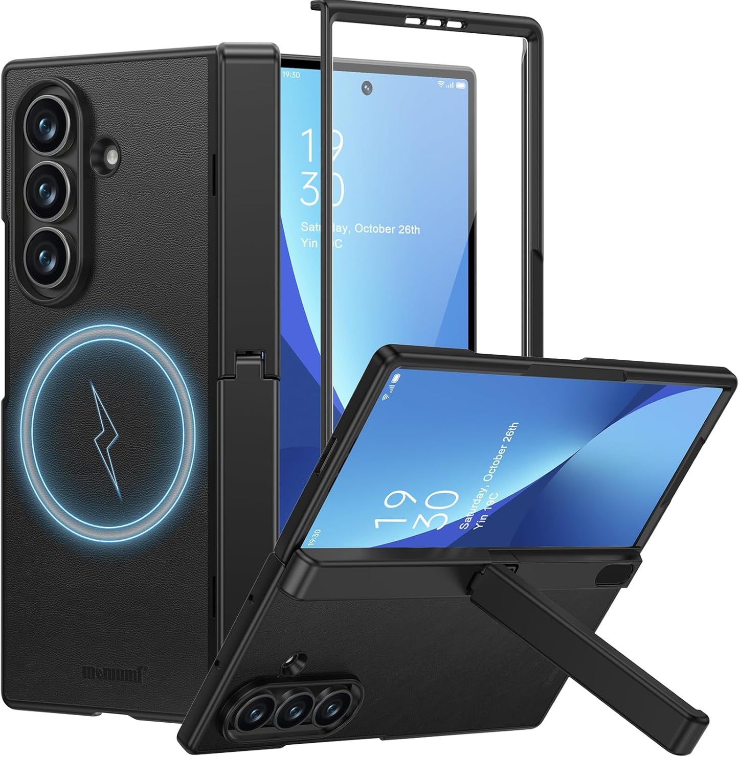 Samsung Galaxy Z Fold7 Memumi Leather Foldable Kickstand Hinge Protection Case Front Glass with Magsfae - Black