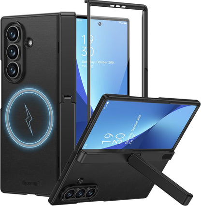 Samsung Galaxy Z Fold7 Memumi Leather Foldable Kickstand Hinge Protection Case Front Glass with Magsfae - Black