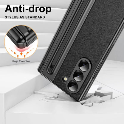 Samsung Galaxy Z Fold7 Leather Case, Electroplating S Pen Case with Kickstand & Hinge Protection - Black