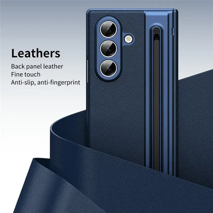 Samsung Galaxy Z Fold7 Leather Case, Electroplating S Pen Case with Kickstand & Hinge Protection - Blue