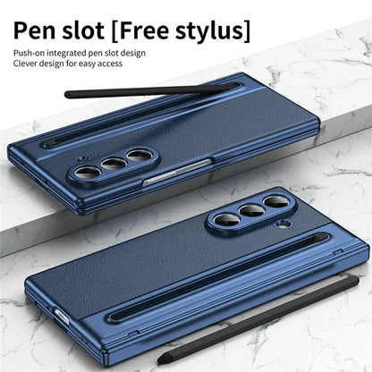 Samsung Galaxy Z Fold7 Leather Case, Electroplating S Pen Case with Kickstand & Hinge Protection - Blue