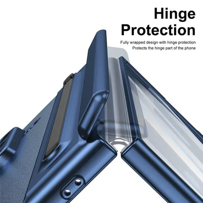Samsung Galaxy Z Fold7 Leather Case, Electroplating S Pen Case with Kickstand & Hinge Protection - Blue