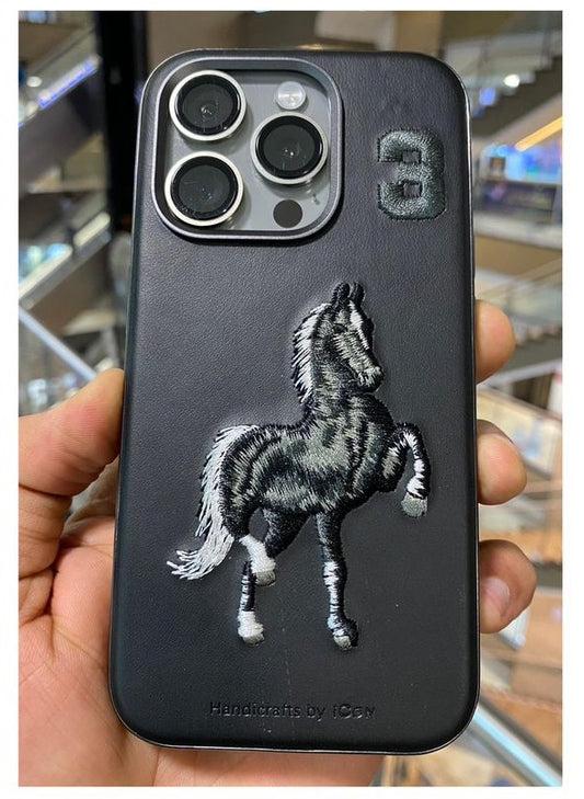 iPhone 15 3D Embroidery Animal Series Original Leather Case / Horse Black