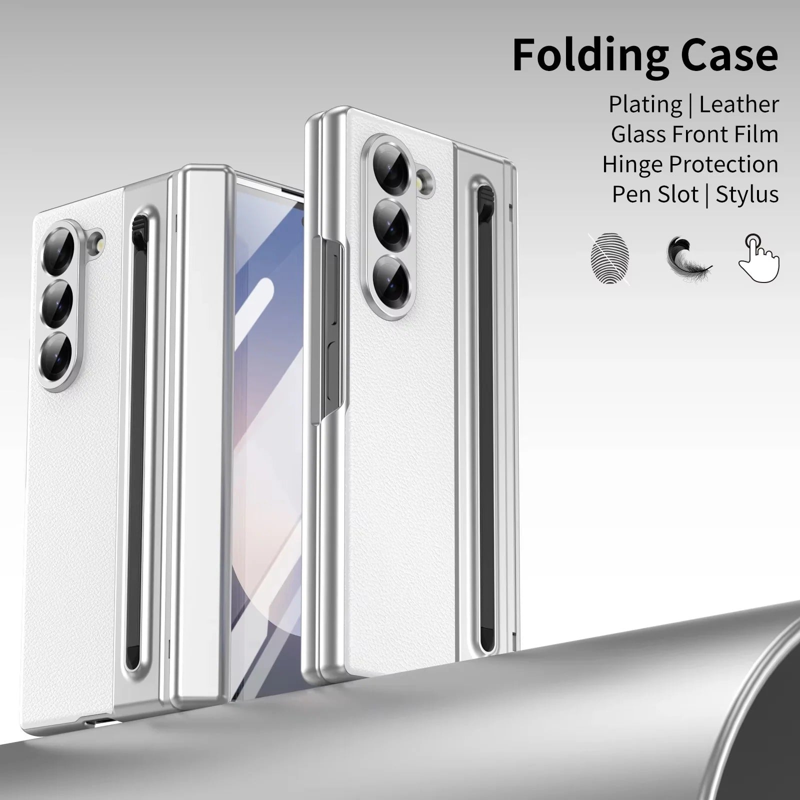 Samsung Galaxy Z Fold6 Leather Case, Electroplating S Pen Case with Kickstand & Hinge Protection - White