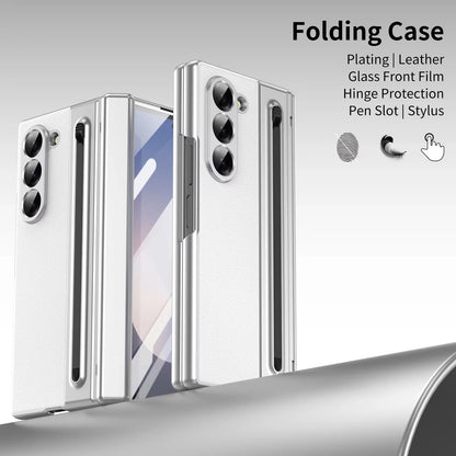 Samsung Galaxy Z Fold6 Leather Case, Electroplating S Pen Case with Kickstand & Hinge Protection - White