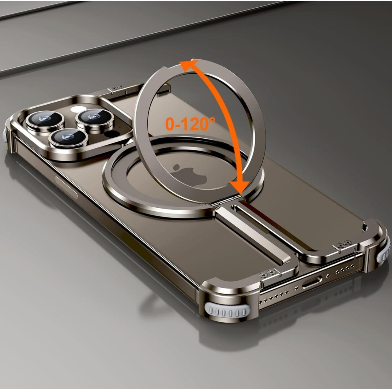 iPhone 16 Pro Max Metal Case Invisible Magnetic O Shape Ring Stand Frameless Metal Case - Titanium