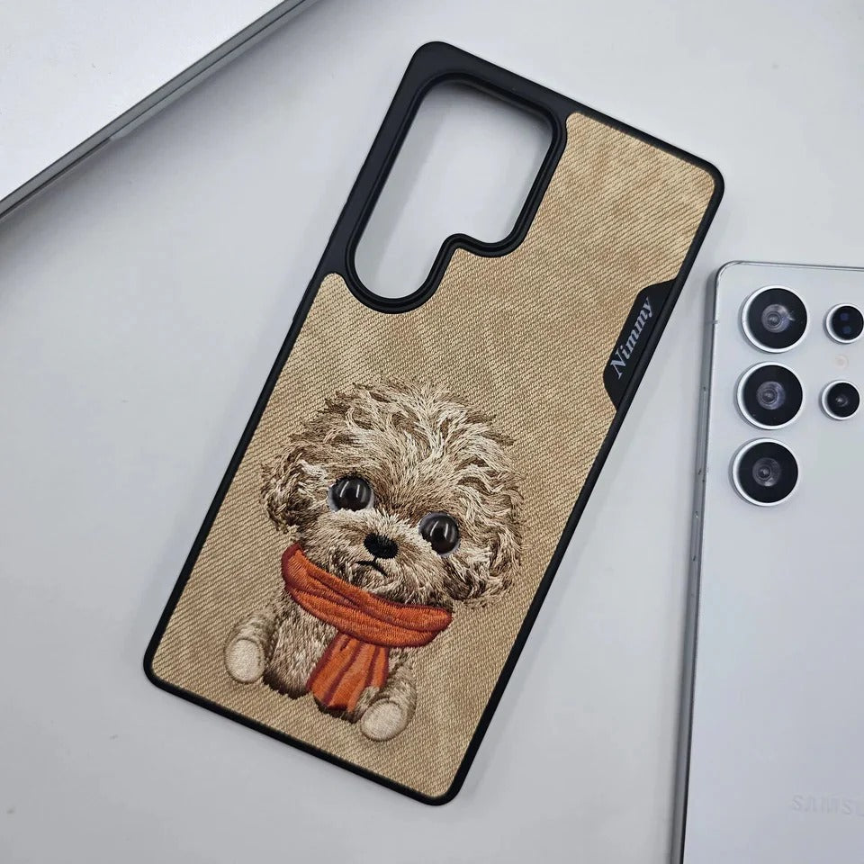 Samsung Galaxy S25 Ultra Nimmy Case, 3D Embroidery Cute Dog Leather Case with Moving Eyes - Desert Brown