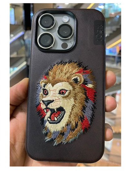 iPhone 14 Luxury 3D Embroidery Animal Series Original Leather Case / Lion Face