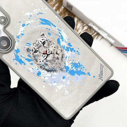 Samsung Galaxy S25 Ultra Nimmy Case, 3D Embroidery Snow Leopard Leather Case with Magsafe - White