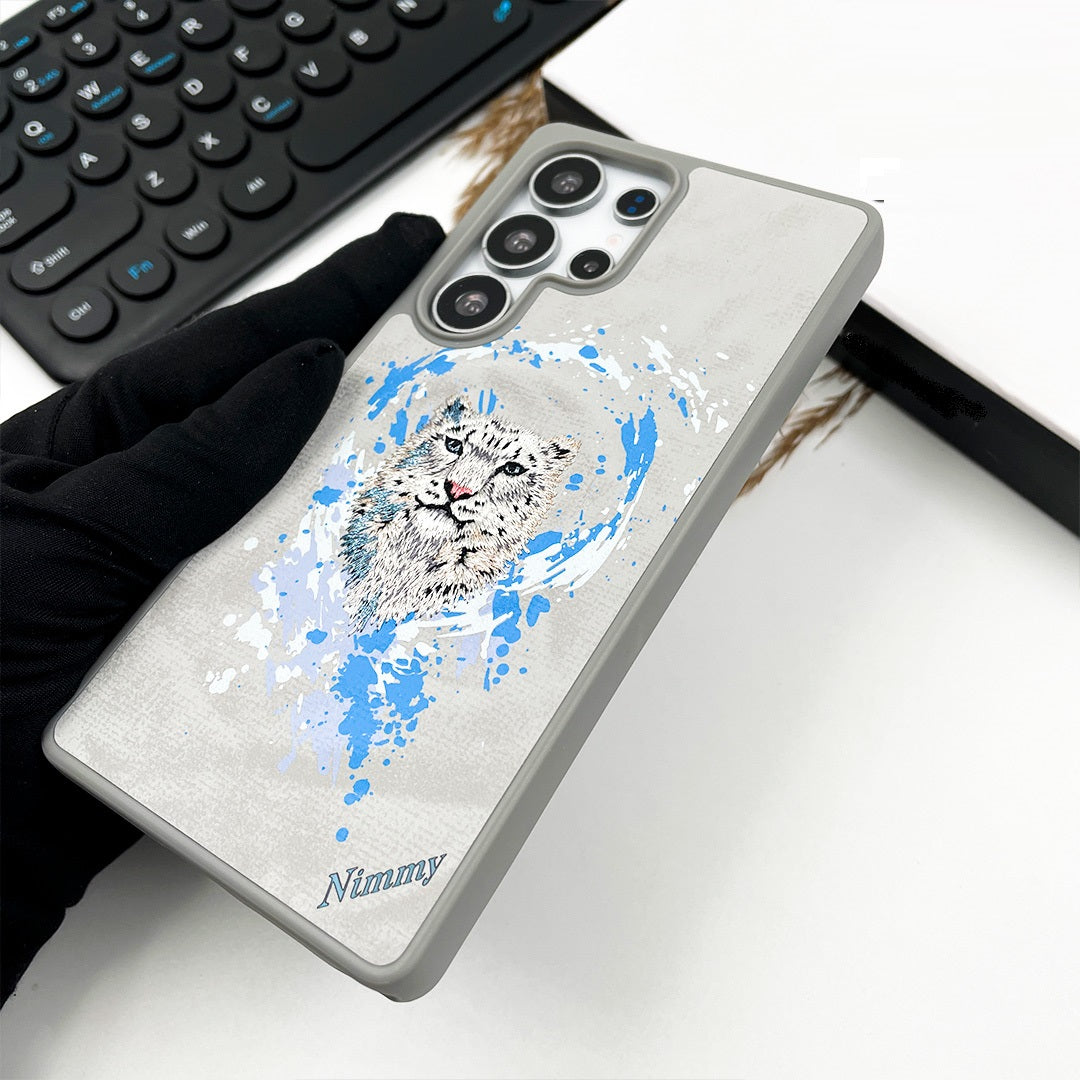 Samsung Galaxy S25 Ultra Nimmy Case, 3D Embroidery Snow Leopard Leather Case with Magsafe - White