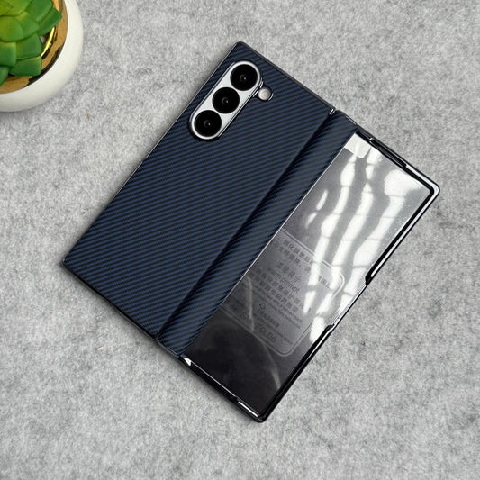 Samsung Galaxy Z Fold6 Leather Carbon Textured Electroplated Case with Hinge Protection & Front Glass - Blue