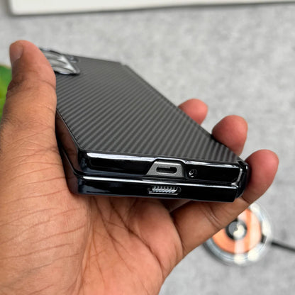 Samsung Galaxy Z Fold6 Leather Carbon Textured Electroplated Case with Hinge Protection & Front Glass - Black