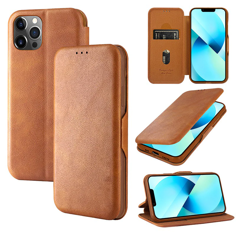 iPhone 12 Pro Leather Flip Cover Stand With Card Holder Logo Cut Case