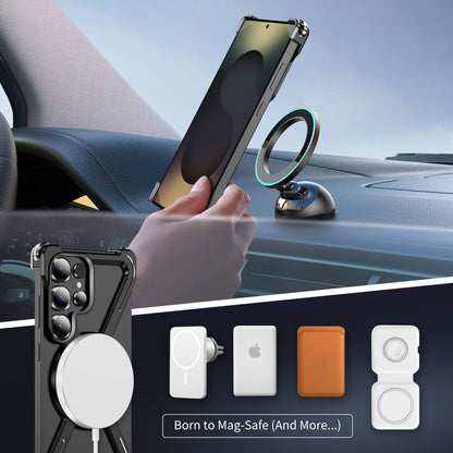 Samsung Galaxy S24 Ultra Frameless Metal Bumper Case with Magsafe & 360° Rotatable Ring & Kickstand - Black