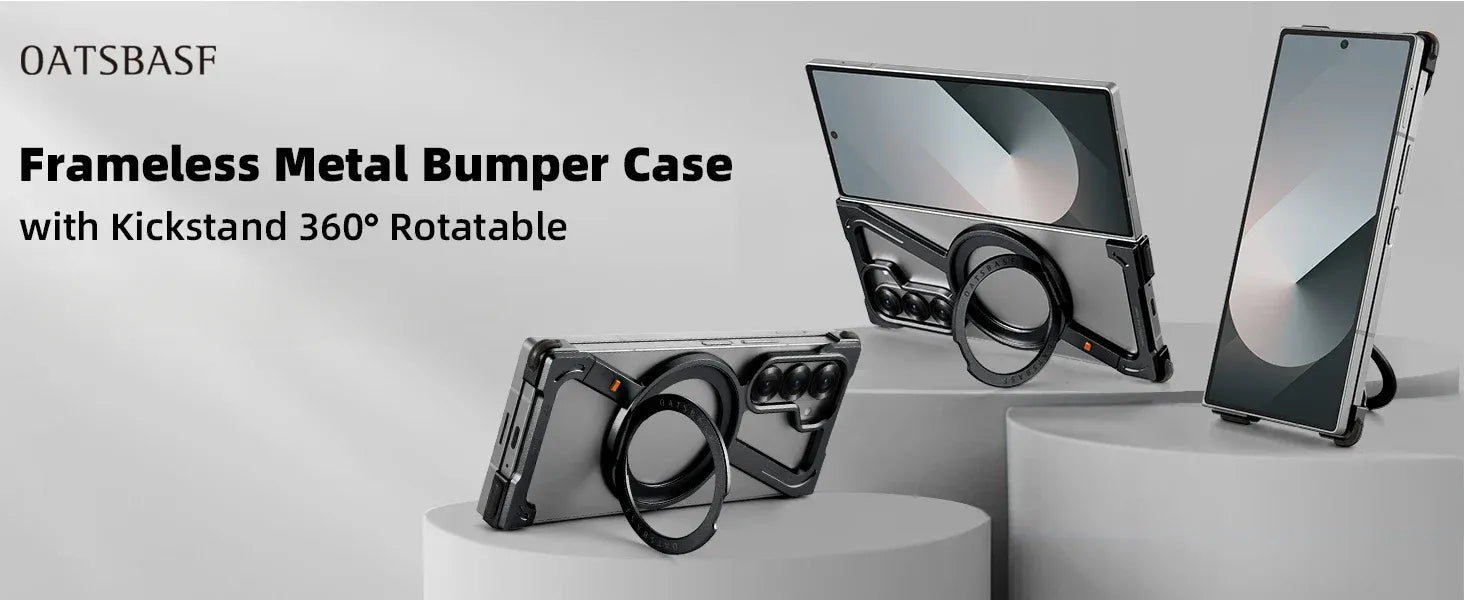 Samsung Galaxy Z Fold5 Metal Case, Frameless Z Shape Metal Bumper Magsafe Case 360° Rotation Ring - Black
