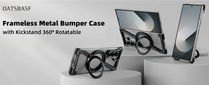 Samsung Galaxy Z Fold5 Metal Case, Frameless Z Shape Metal Bumper Magsafe Case 360° Rotation Ring - Black