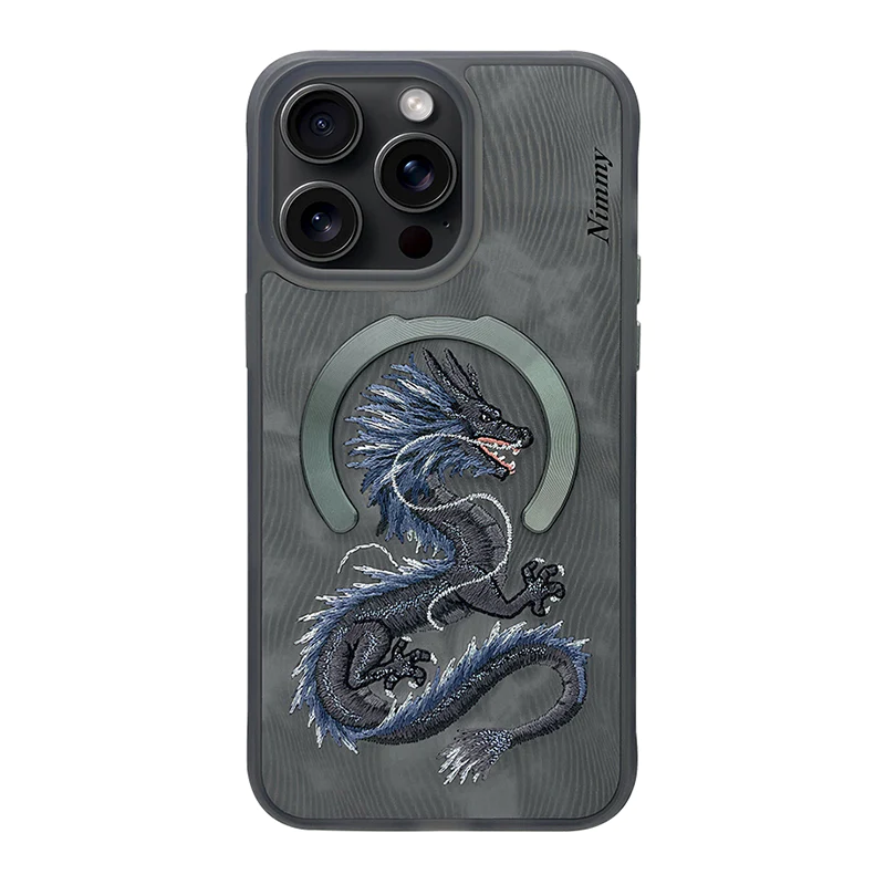 iPhone 14 Pro Nimmy Fantasy Animal Series 3D Embroidered Dragon Leather Magsafe Case - Grey