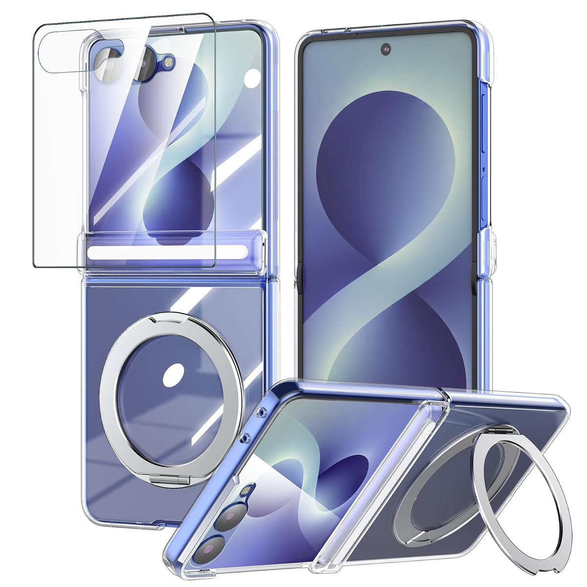 Samsung Z Flip8 Crystal Clear Anti Yellowing Case with Magsafe, 360° Rotational Metal Ring & Hinge Protection
